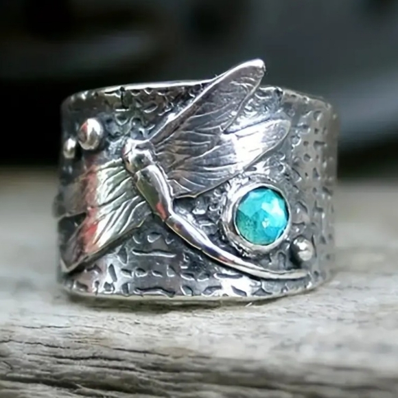 🌷5 For $15🌷Boho Dragonfly Aquamarine Crystal Ring - Size 5 - Picture 5 of 5